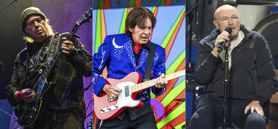 In this combination photo, Neil Young performs at the BottleRock Napa Valley Music Festival in Napa, Calif. on May 25, 2019, from left, John Fogerty performs at the New Orleans Jazz and Heritage Festival in New Orleans on May 5, 2019 and Phil Collins performs during his "Not Dead Yet Tour" in Philadelphia on Oct. 8, 2018. Young, Fogerty and Collins are among several musicians who are objecting to their songs being used at President Donald Trump's campaign rallies. (AP Photo)