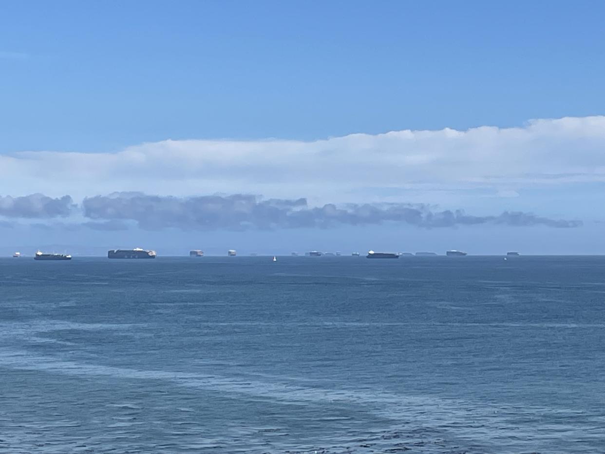 Cargo ships adrift in the Pacific Ocean as the global supply chain crunch grows more acute.