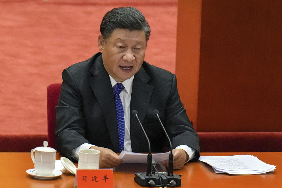 FILE - Chinese President Xi Jinping delivers a speech at an event commemorating the 110th anniversary of Xinhai Revolution at the Great Hall of the People in Beijing on Oct. 9, 2021. Xi warned Thursday, Nov. 11, against letting tensions in the Indo-Pacific cause a relapse into a Cold War mentality. His remarks on the sidelines of the annual summit of the Asia-Pacific Economic Cooperation forum came weeks after the U.S., Britain and Australia announced a new security alliance in the region which would see Australia build nuclear submarines. China has harshly criticized the deal. (AP Photo/Andy Wong, File)