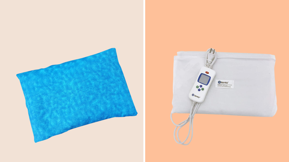 A microwavable heating pad from Caylee’s Creations and the BodyMed Digital Moist Heating Pad.