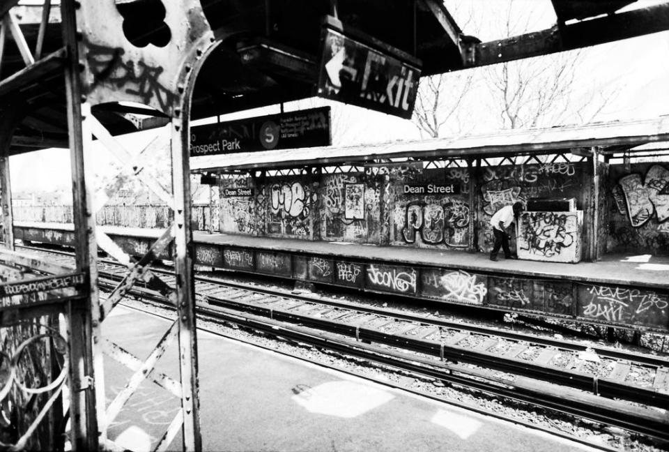 Art as therapy. The pieced-up subway station on Dean Street near Franklin Street in Brooklyn, New York, which serves the Franklin Street shuttle, in 1993. (Credit: Phillip Davies/Newsday RM via Getty Images).