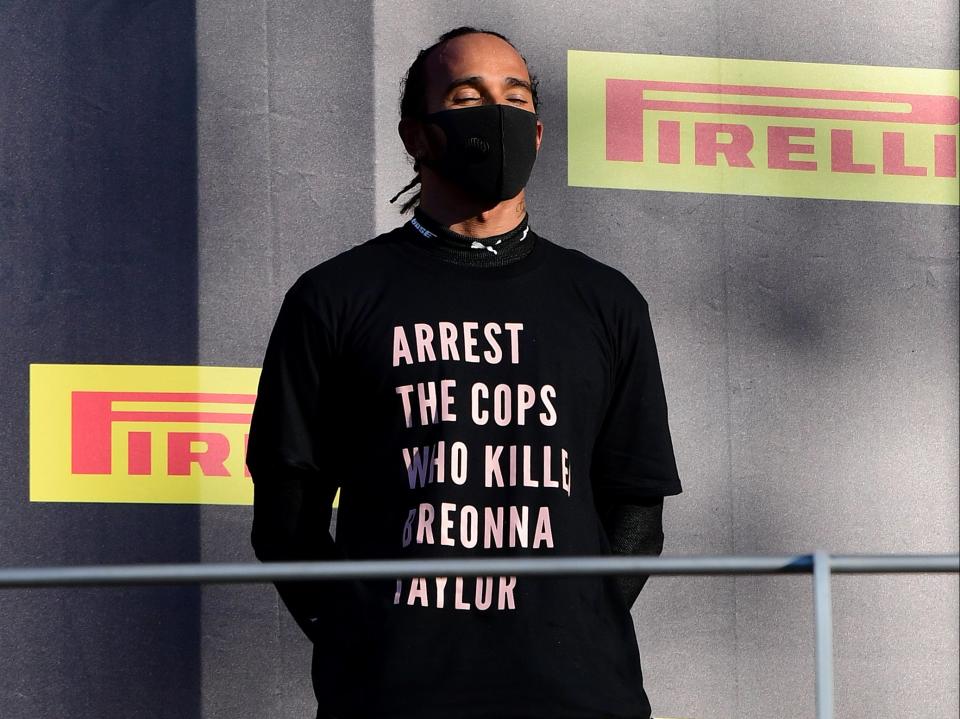 Lewis Hamilton sporting the anti-racism T-shirt on the Mugello podium (Getty Images)