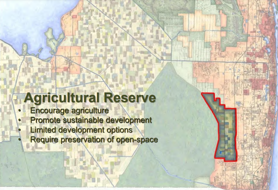 The Agricultural Reserve, highlighted in red, covers 21,150 acres, west of Florida's Turnpike. Special zoning was designed to protect farmland and ensure low density developments but advocates say rule changes to accommodate developers have already amounted to 'death by a thousand cuts.' GL Homes is looking to build on preserved land west of Boca Raton in exchange for conveying land to the county in the Acreage area outside the Ag Reserve.