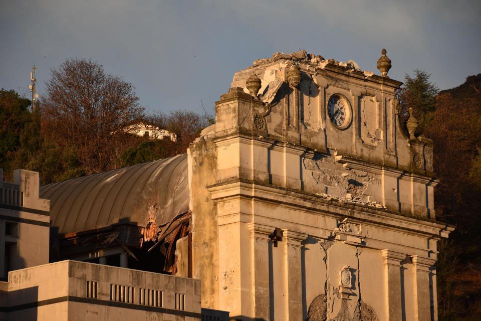 A view of the heavily damaged church of Maria Santissima in Fleri, Sicily Italy, Wednesday, Dec. 26, 2018. A quake triggered by Italy's Mount Etna volcano has jolted eastern Sicily, slightly injuring 10 people and prompting frightened Italian villagers to flee their homes. (Orietta Scardino/ANSA Via AP)