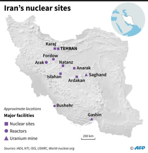 Map of Iran showing main nuclear facilities