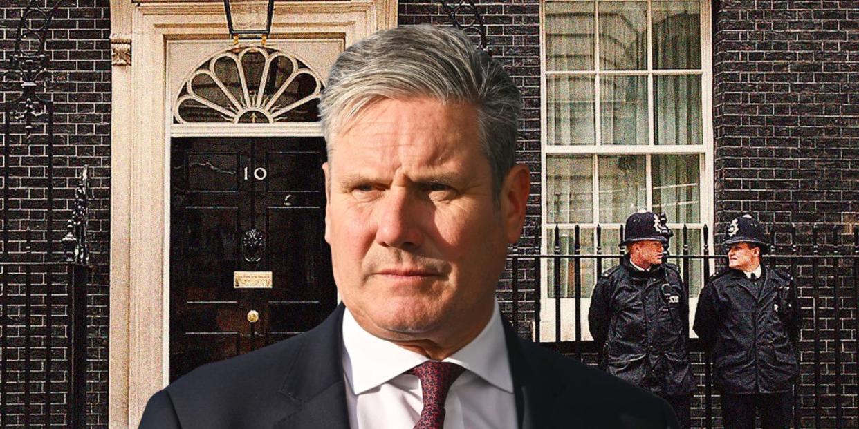 a collage of number 10 downing street and an image of keir starmer