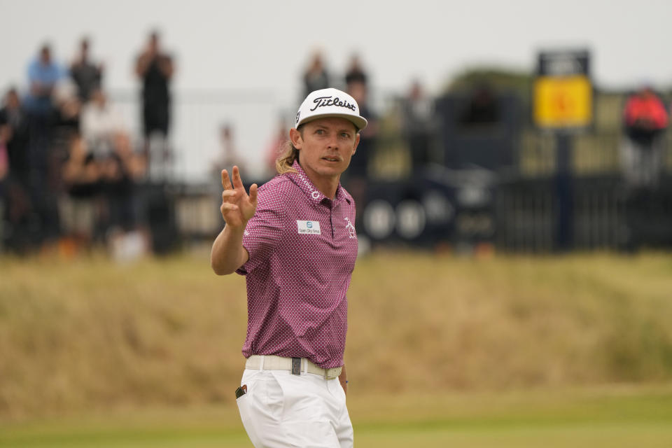 Cameron Smith, of Australia, after playing a birdie on the 13th hole during the final round of the British Open golf championship on the Old Course at St. Andrews, Scotland, Sunday July 17, 2022. (AP Photo/Gerald Herbert)