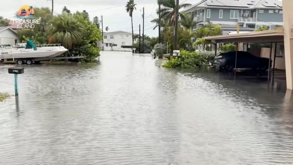 A Treasure Island residential street lies submerged in floodwater as Hurricane Helene approaches Florida, U.S., in this still image obtained from undated social media video released September 26, 2024. The City of Treasure Island, Florida via REUTERS  THIS IMAGE HAS BEEN SUPPLIED BY A THIRD PARTY. NO RESALES. NO ARCHIVES. MUST NOT OBSCURE LOGO. (The City of Treasure Island, Florida via REUTERS)