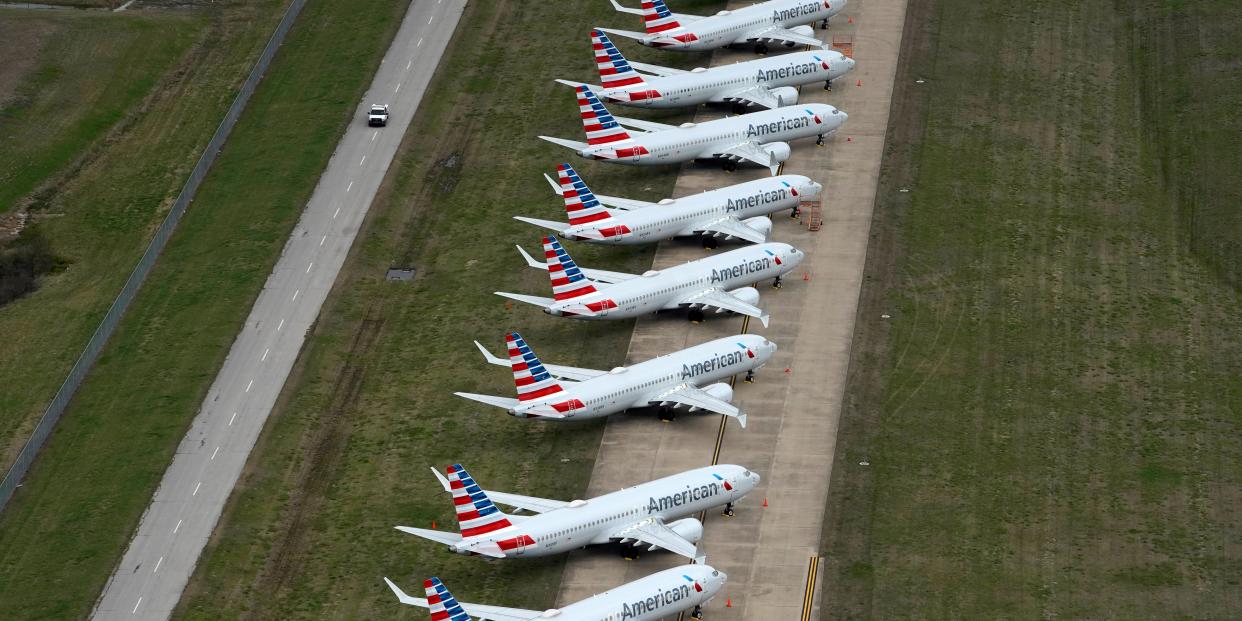 FILE PHOTO: American Airlines 737 Max passenger planes are parked on the tarmac at Tulsa International Airport in Tulsa, Oklahoma, U.S. March 23, 2020. REUTERS/Nick Oxford