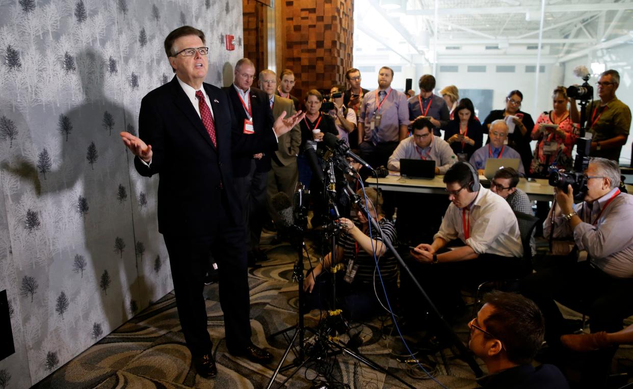 Texas Lt. Gov. Dan Patrick speaks during a news conference at the 2016 Texas Republican Convention in Dallas after the state signaled it would challenge bathroom access for transgender students in public schools.