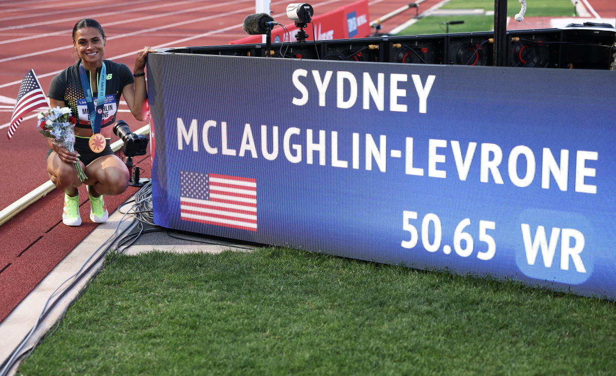 EUGENE, OREGON - JUNE 30: Gold medalist Sydney McLaughlin-Levrone poses with her new world record in the women's 400 meter hurdles final on Day Ten of the 2024 U.S. Olympic Team Track & Field Trials at Hayward Field on June 30, 2024 in Eugene, Oregon. (Photo by Patrick Smith/Getty Images)