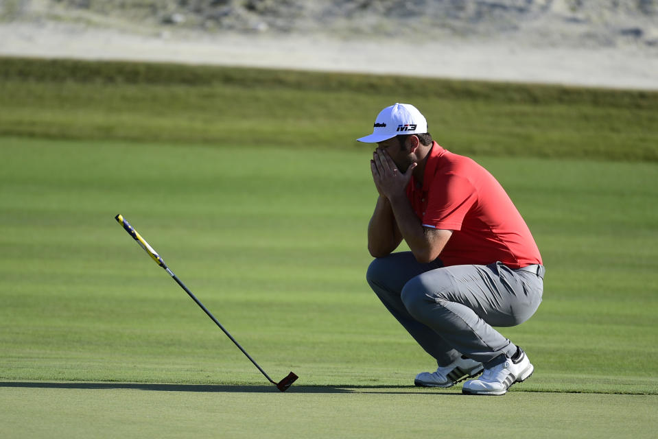Spain's Jon Rahm reacts after missing a putt on the 15th hole during the last round of the Hero World Challenge at Albany Golf Club in Nassau, Bahamas, Sunday, Dec. 2, 2018. Rahm won the tournament. (AP Photo/Dante Carrer)
