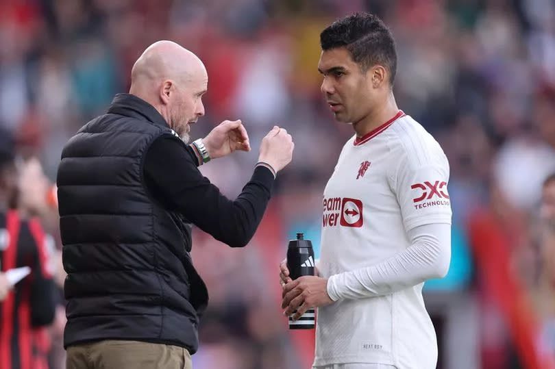 Erik ten Hag the head coach / manager of Manchester United and Casemiro during the Premier League match between AFC Bournemouth and Manchester United at Vitality Stadium on April 13, 2024 in Bournemouth, England.