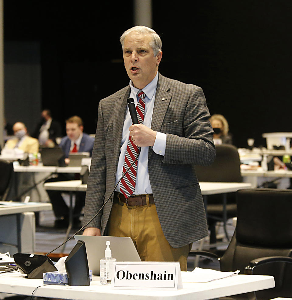 Sen. Mark Obenshain, R-Rockingham, give a speech criticizing the State Parole Board during the floor session of the Virginia Senate, which is meeting inside the Science Museum of Virginia in Richmond, Va., Friday, Feb. 26, 2021. (Bob Brown/Richmond Times-Dispatch via AP)