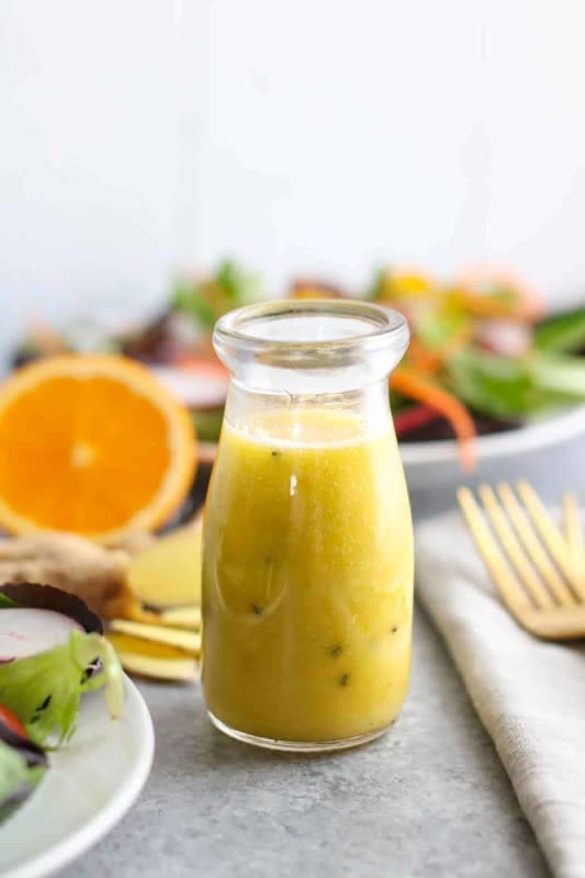 <p>The Real Food Dietitian</p><p>Drizzled over salad greens or tossed with shredded Napa cabbage, this light and slightly sweet dressing gives everything it touches a sunny punch of flavor.</p><p><strong>Get the recipe: <a href="https://therealfooddietitians.com/ginger-sesame-vinaigrette/" rel="nofollow noopener" target="_blank" data-ylk="slk:Ginger Sesame Vinaigrette;elm:context_link;itc:0;sec:content-canvas" class="link "><em>Ginger Sesame Vinaigrette</em></a></strong></p>