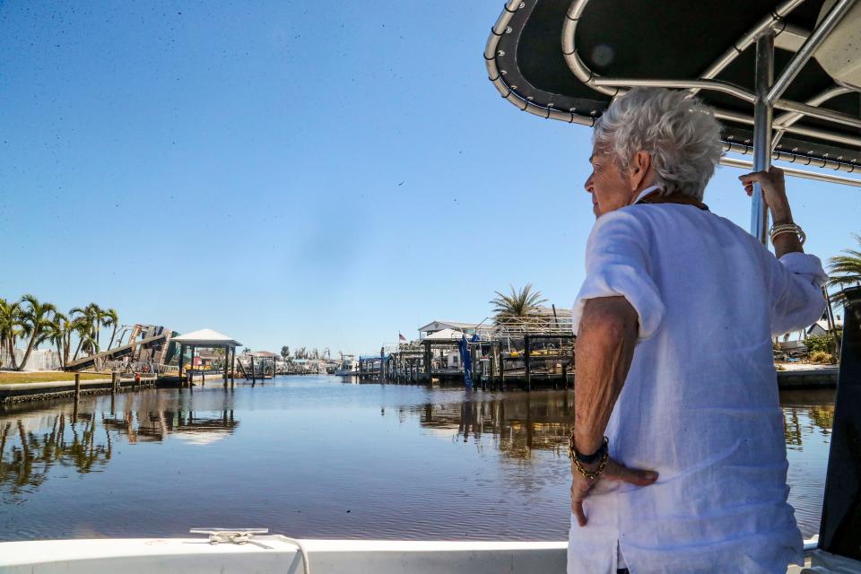 Gordie looks out on their neighborhood as they head to their home. Agust’n "Kiko" and Julia "Gordie" Villalon, long time Pine Island residents, returned to their Island home for the first time since evacuating before Hurricane Ian. Monday, September 03, 2022, they got to see just how much damage there was.  