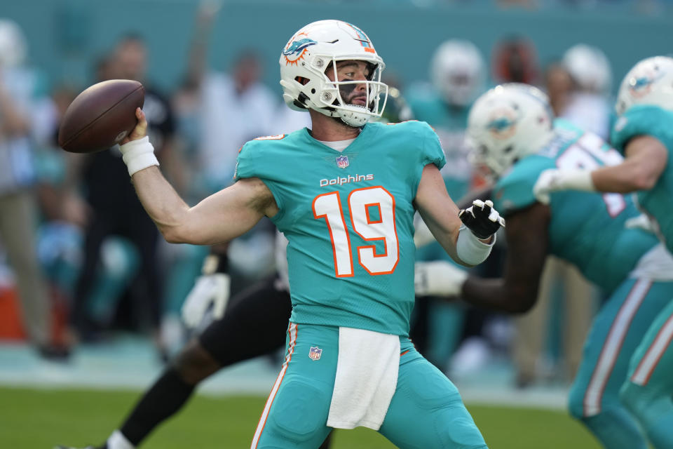 Miami Dolphins quarterback Skylar Thompson (19) aims a pass during the first half of an NFL football game against the New York Jets, Sunday, Jan. 8, 2023, in Miami Gardens, Fla. (AP Photo/Lynne Sladky)