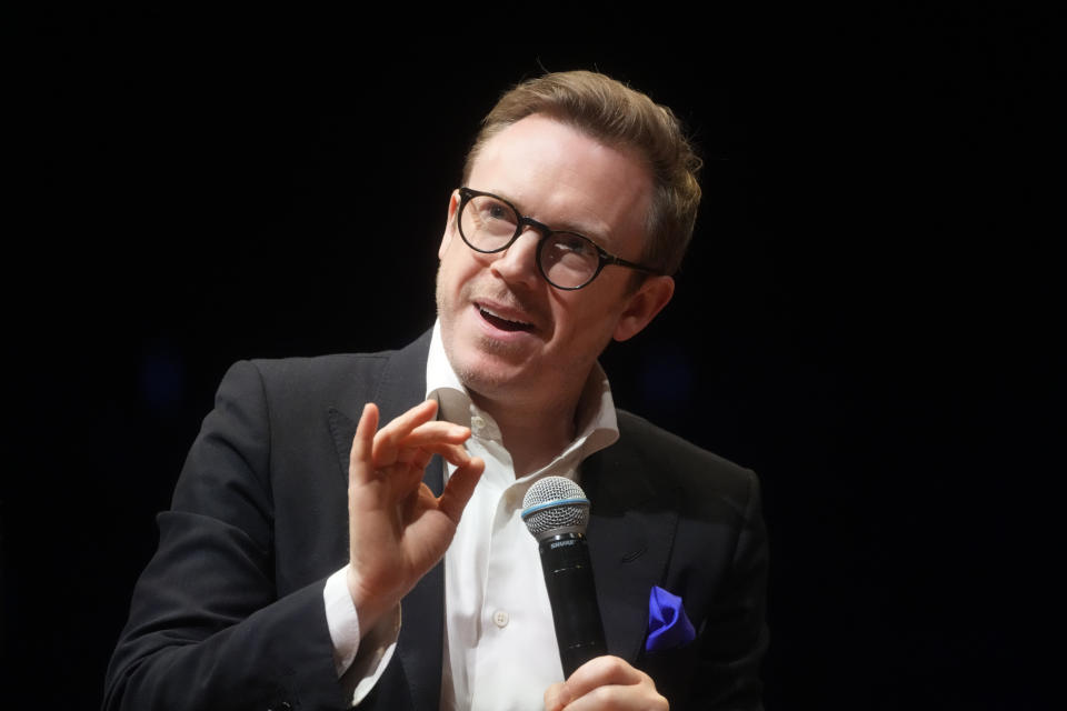 Maestro Daniel Harding, the new music director of Rome's Santa Cecilia orchestra, answers to a journalists' question during a press conference on the occasion of his presentation to media in Rome, Monday, March 6, 2023. British conductor Daniel Harding was named Monday as music director of Rome’s Orchestra dell’Accademia di Santa Cecilia, starting in the fall of 2024. The 47-year-old conductor Harding, who has a second career as an Air France pilot, had an unusually young start as a conductor, and will arrive at the Santa Cecilia orchestra after 17 years as the principal conductor of the Swedish Radio Symphony Orchestra.(AP Photo/Gregorio Borgia)