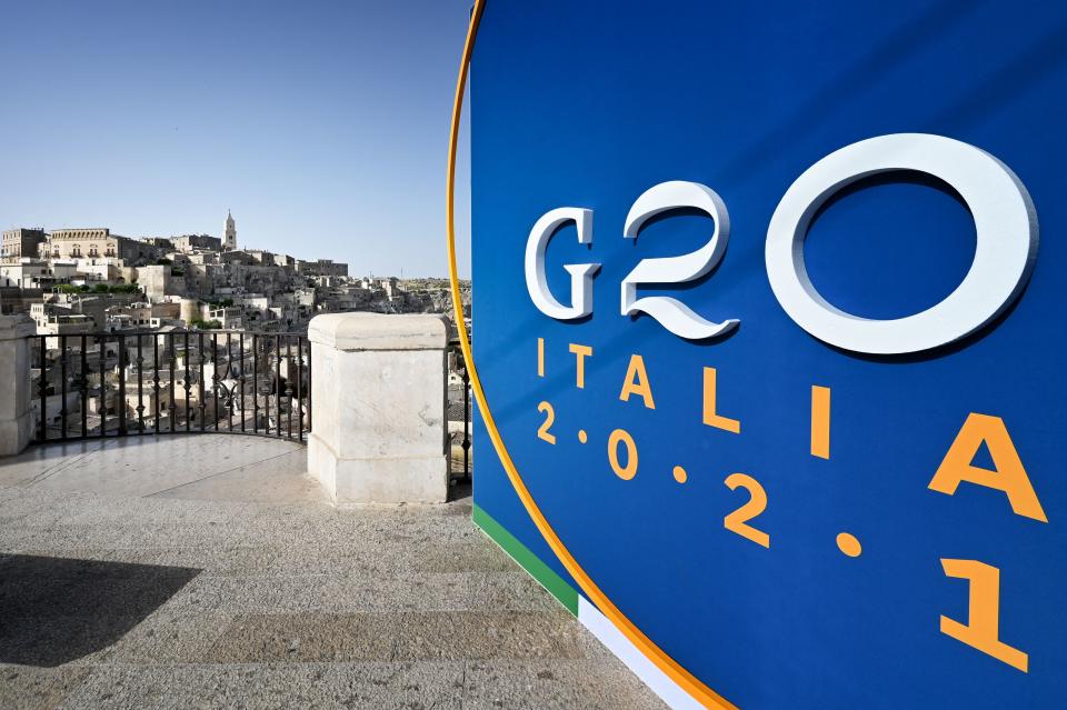 The G20 logo is pictured on June 28, 2021 on a balcony overlooking Matera on the eve of a G20 foreign and development ministers meeting held in the city. (Photo by Alberto PIZZOLI / AFP) (Photo by ALBERTO PIZZOLI/AFP via Getty Images)