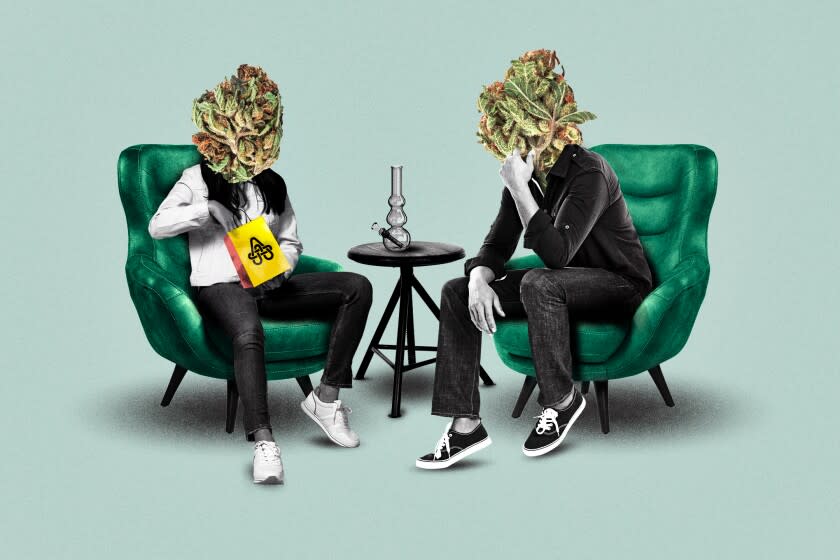 A photo illustration of two people sitting in lounge chairs with a bong between them. Their heads are replaced with buds of cannabis.
