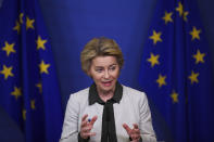 European Commission President Ursula von der Leyen gives a press statement on the European Green Deal at the European Commission headquarters in Brussels, Wednesday, Dec. 11, 2019. In her bid to lead the EU toward climate neutrality, European Commission president Ursula von der Leyen wants to put up 100 billion euros (dollars 130 billion U.S.) to help member countries that still heavily rely on fossil fuels transition to lower emissions. (AP Photo/Francisco Seco)