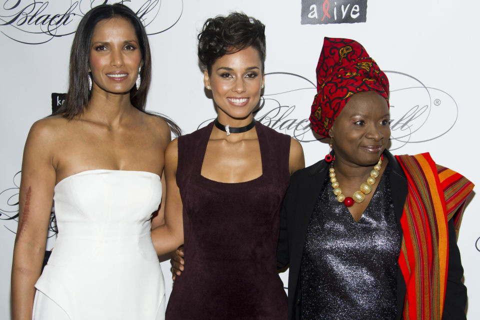 Padma Lakshmi, left, Alicia Keys, center, and Angelique Kidjo attend the Keep a Child Alive's ninth annual Black Ball on Thursday, Dec. 6, 2012 in New York. (Photo by Charles Sykes/Invision/AP)
