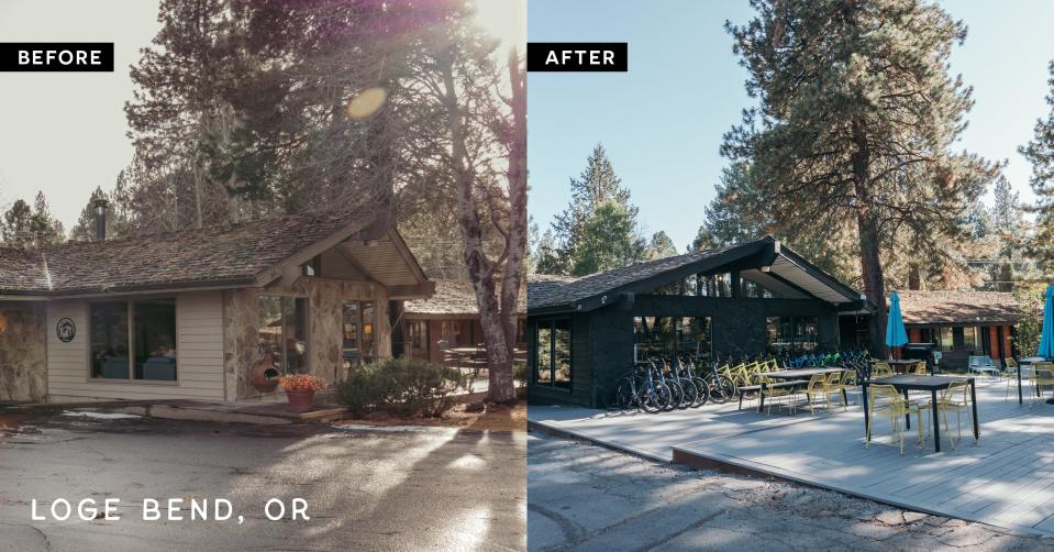 A before-and-after from renovations at LOGE Bend in Oregon, one of LOGE's first destinations.
