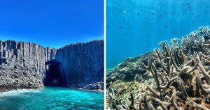 西吉嶼藍洞（左)、澎湖四島國家公園珊瑚礁｜Xijiyu blue cave (left), and the park is home to various species of coral reefs.（@justin_chen_1020/Instagram)