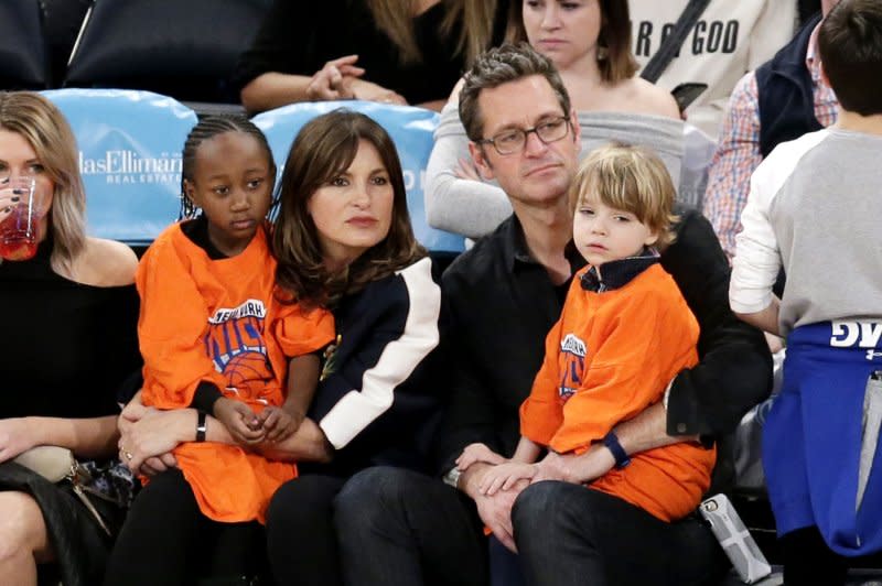 Mariska Hargitay, Peter Hermann and their children Amaya (L) and Andrew attend a New York Knicks and Boston Celtics basketball game in 2018. File Photo by John Angelillo/UPI