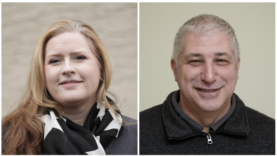 This Jan. 2024 combination photo shows nominees for a Bucks County special election to fill a vacant Pennsylvania state House seat, Republican Candace Cabanas, left, and Democrat Jim Prokopiak in Fairless Hills, Pa., (AP Photo/Matt Rourke)