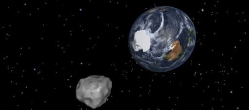 El asteroide 2012 DA 14 y la Tierra, en una ilustración divulgada el pasado 8 de febrero por la NASA. La agencia espacial estadounidense está controlando la trayectoria de un gran asteroide, que debería acercarse a la Tierra este viernes y convertirse en la mayor aproximación jamás pronosticada para un objeto tan grande. (AFP/Nasa/JPL Caltech | ho)