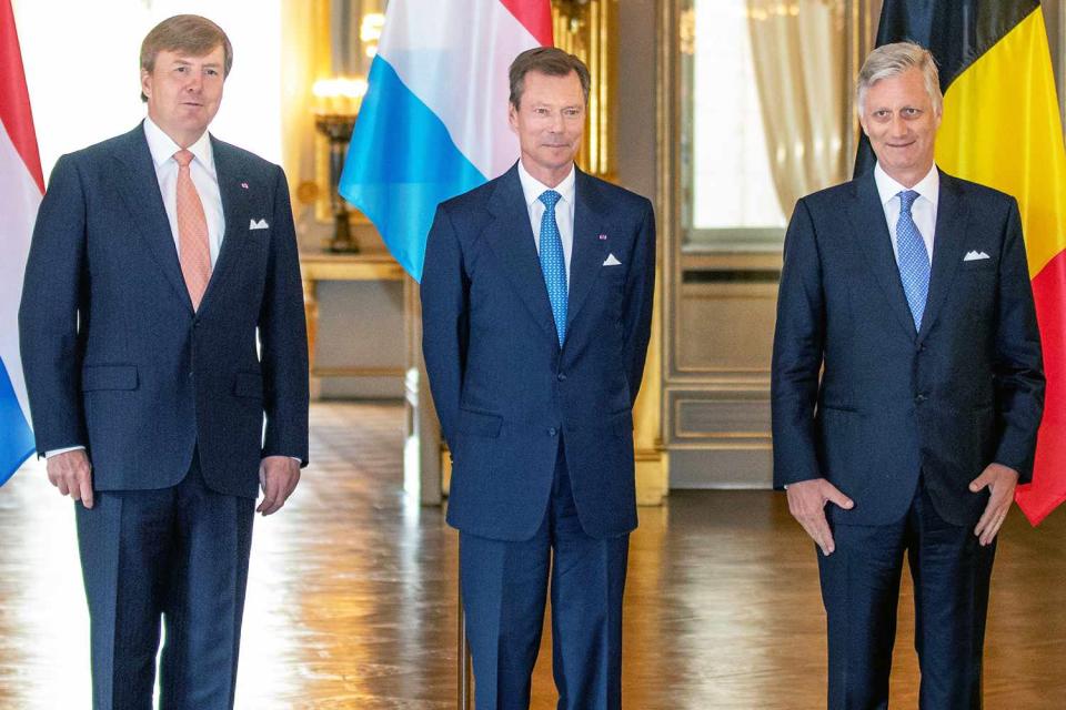 <p>Olivier Matthys/Getty </p> (From left) King Willem-Alexander of the Netherlands, Henri Grand Duke of Luxembourg and King Philip of Belgium at the Royal Palace in Belgium on June 5, 2018. 