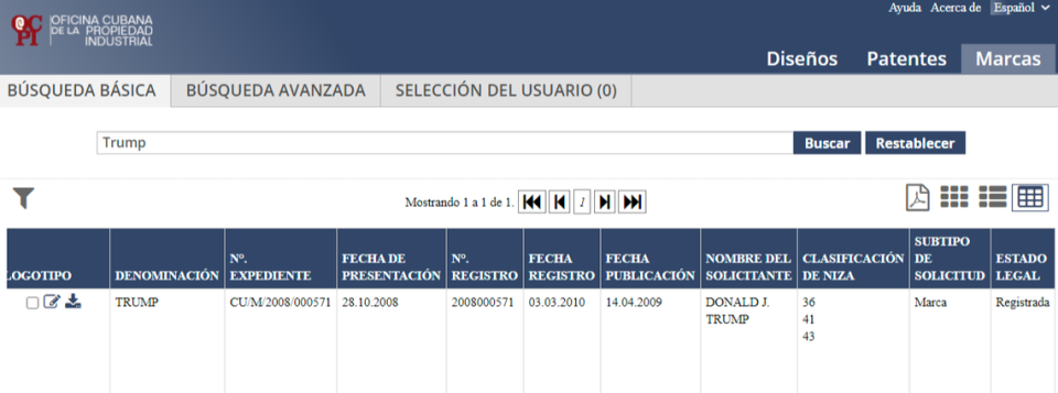 A screenshot of the Cuban Industrial Property Office website showing details of the Trump trademark registered in Cuba.