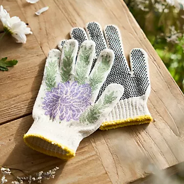 dahlia-covered garden gloves