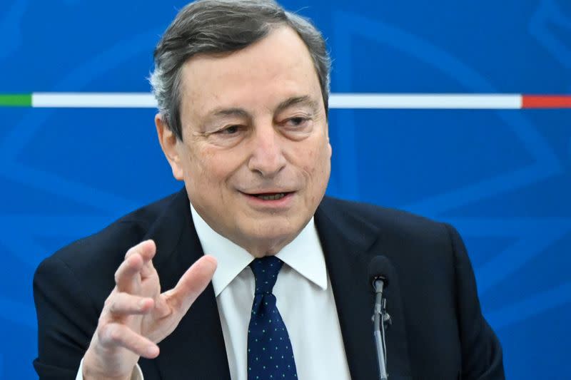 FILE PHOTO: Italy's Prime Minister Mario Draghi speaks during a news conference after a cabinet meeting in Rome
