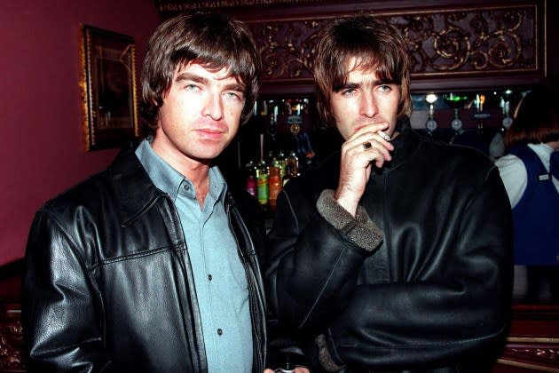 Oasis lead singer Liam Gallagher and brother Noal Gallagher in the West End, London, 1995. - Credit: Dave Hogan/Getty Images