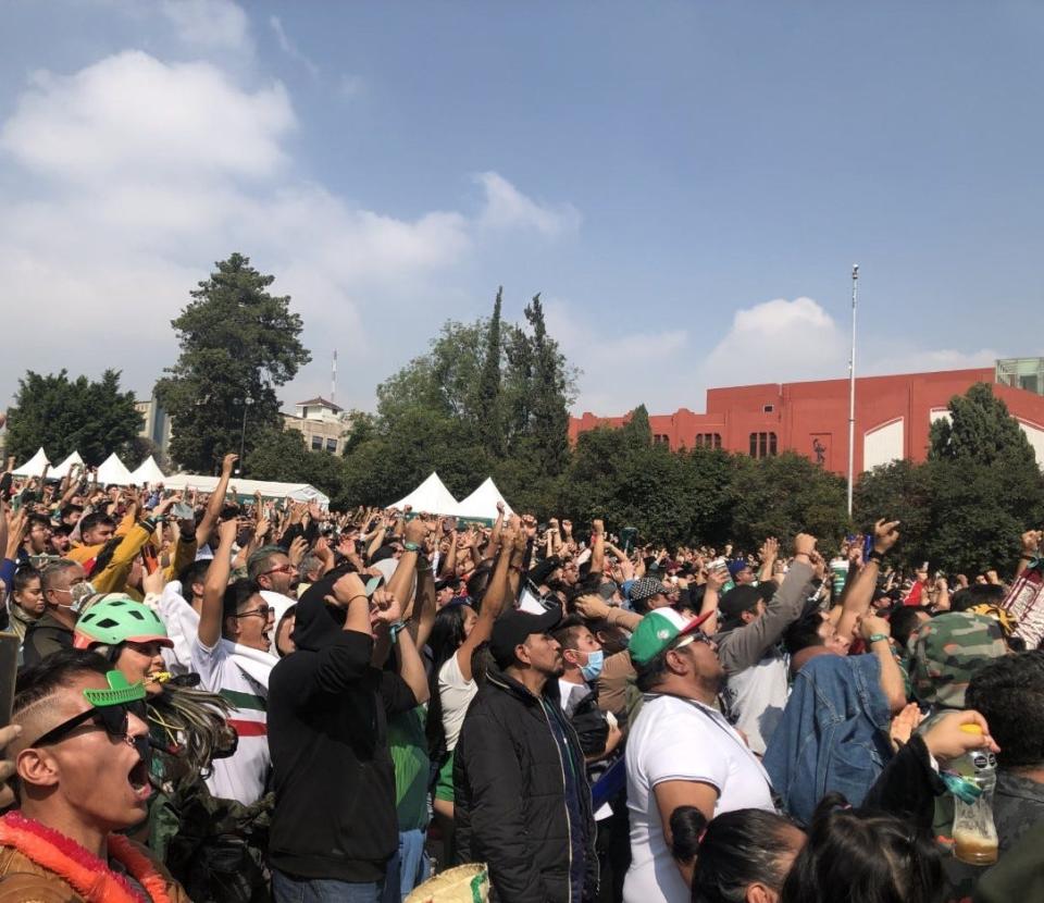 Mexico national team fans react to a big play for their side at the FIFA Fan Festival in Mexico City, where thousands attended a World Cup watch party on Nov. 22.