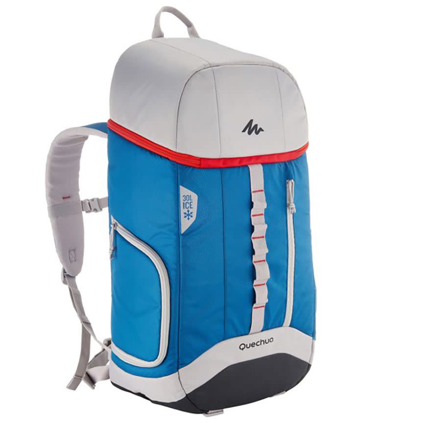 Blue and gray with red detail backpack cooler.