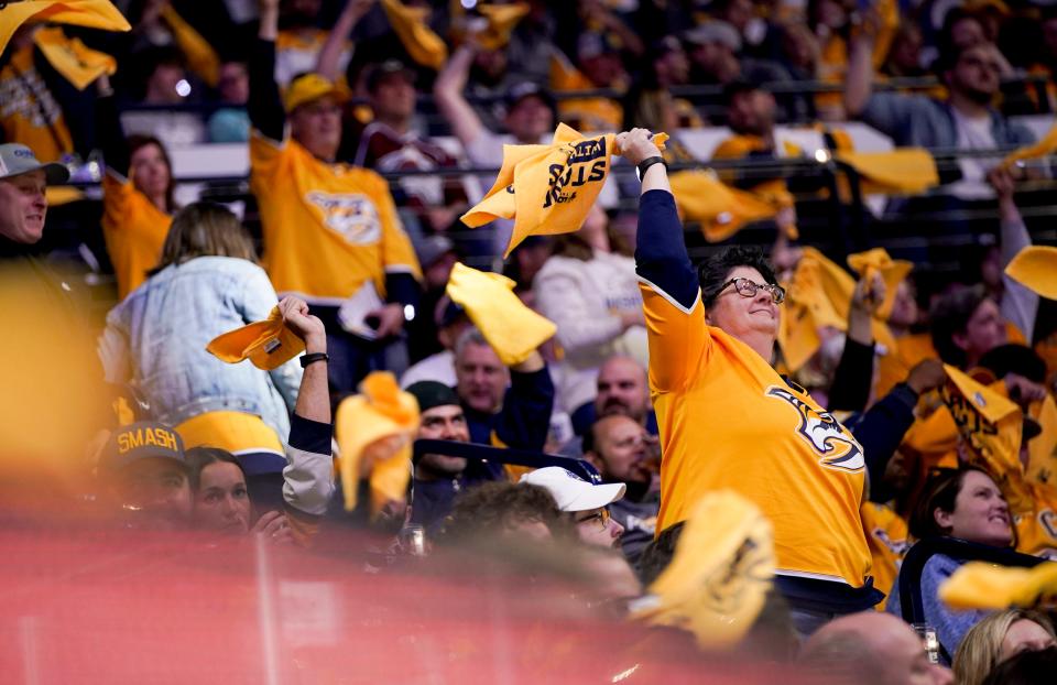 Predators fans cheer during Game 4 of a first-round playoff series Monday, May 9, 2022 at Bridgestone Arena in Nashville, Tenn.
