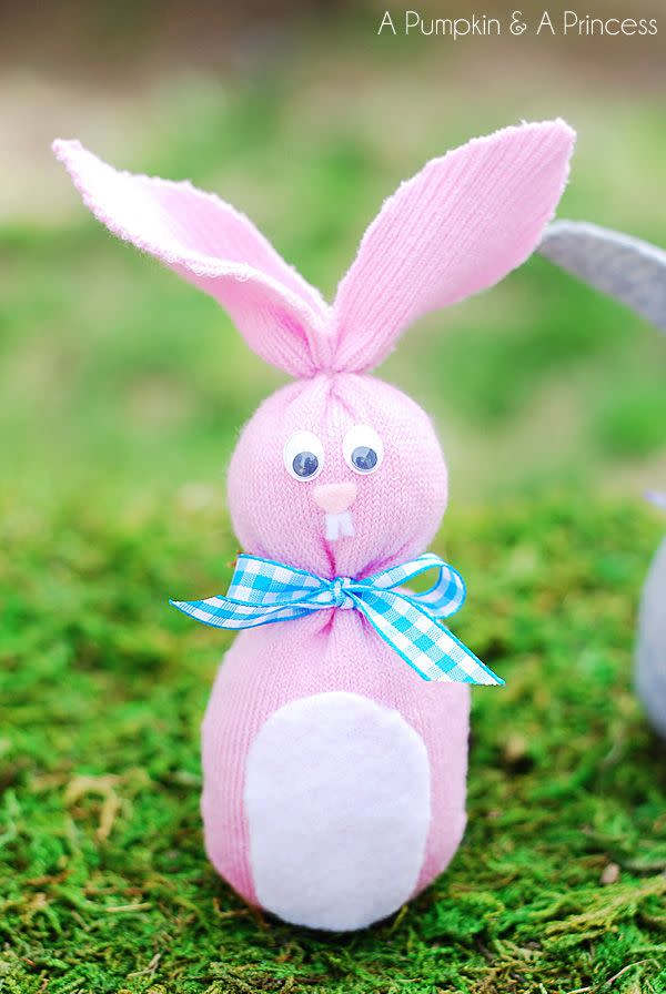 diy sock bunny with a ribbon bow