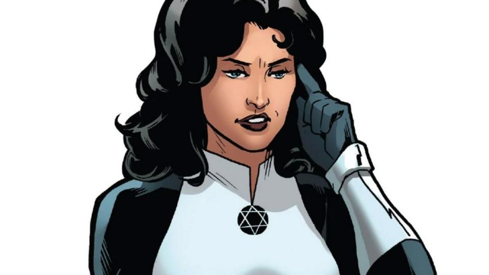 marvel comics character sabra in white and black supersuit with star of david 