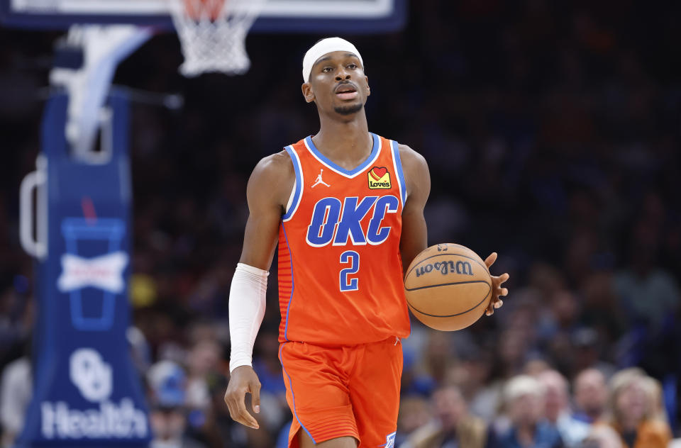 Nov 8, 2023; Oklahoma City, Oklahoma, USA; Oklahoma City Thunder guard Shai Gilgeous-Alexander (2) dribbles the ball down the court during the second half against the Cleveland Cavaliers at Paycom Center. Oklahoma City won 128-120. Mandatory Credit: Alonzo Adams-USA TODAY Sports