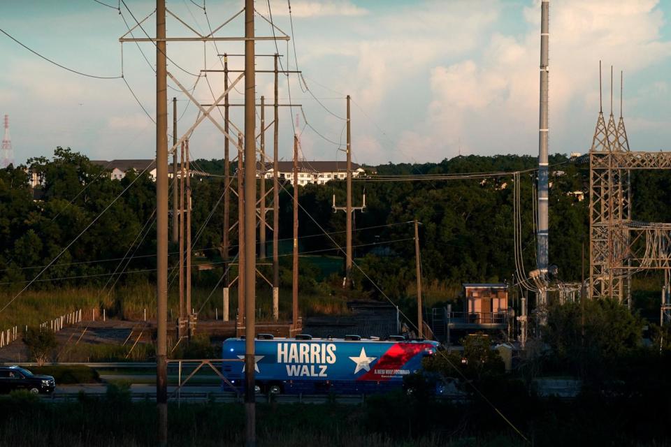 PHOTO: The campaign bus carrying Democratic presidential nominee and Vice President Kamala Harris and vice presidential nominee Minnesota Gov. Tim Walz is seen as they visit Savannah, Georgia, U.S., Aug. 28, 2024. (Elizabeth Frantz/Reuters)