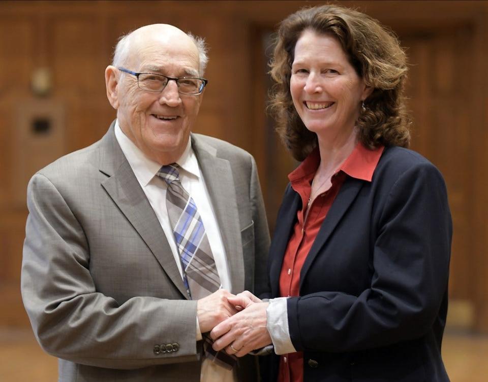 Roger Bacon, winner of the 2019 Paul N.Johnson Award, and Ann McCarron, winner of the 2019 Pat Oroszko Courage Award, at the Worcester Area College Basketball Association (WACBA) Annual Postseason Banquet, held at WPI's Alden Hall.