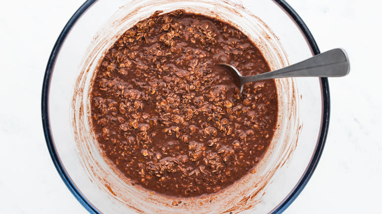 Chocolate overnight oats mixed in bowl