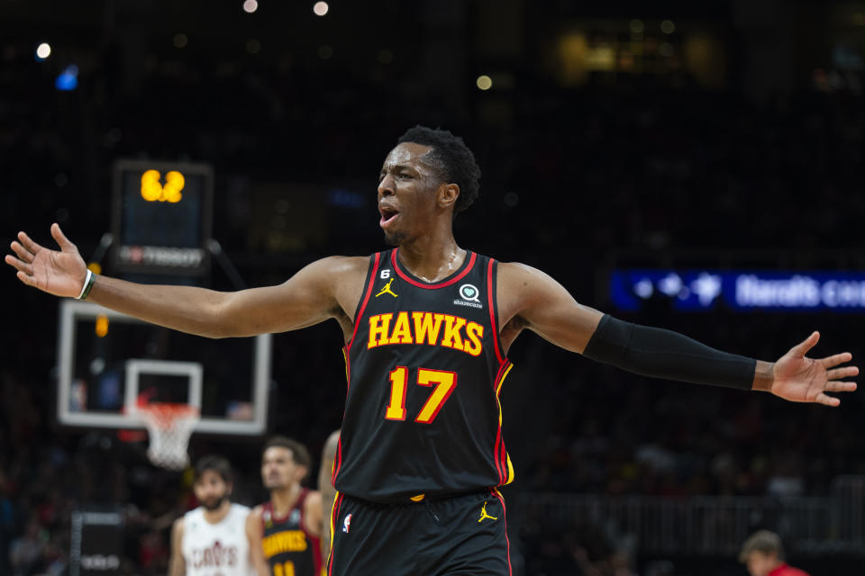 Atlanta Hawks forward Onyeka Okongwu reacts after a foul during the second half of an NBA basketball game against the Cleveland Cavaliers, Tuesday, March 28, 2023, in Atlanta. (AP Photo/Hakim Wright Sr.)