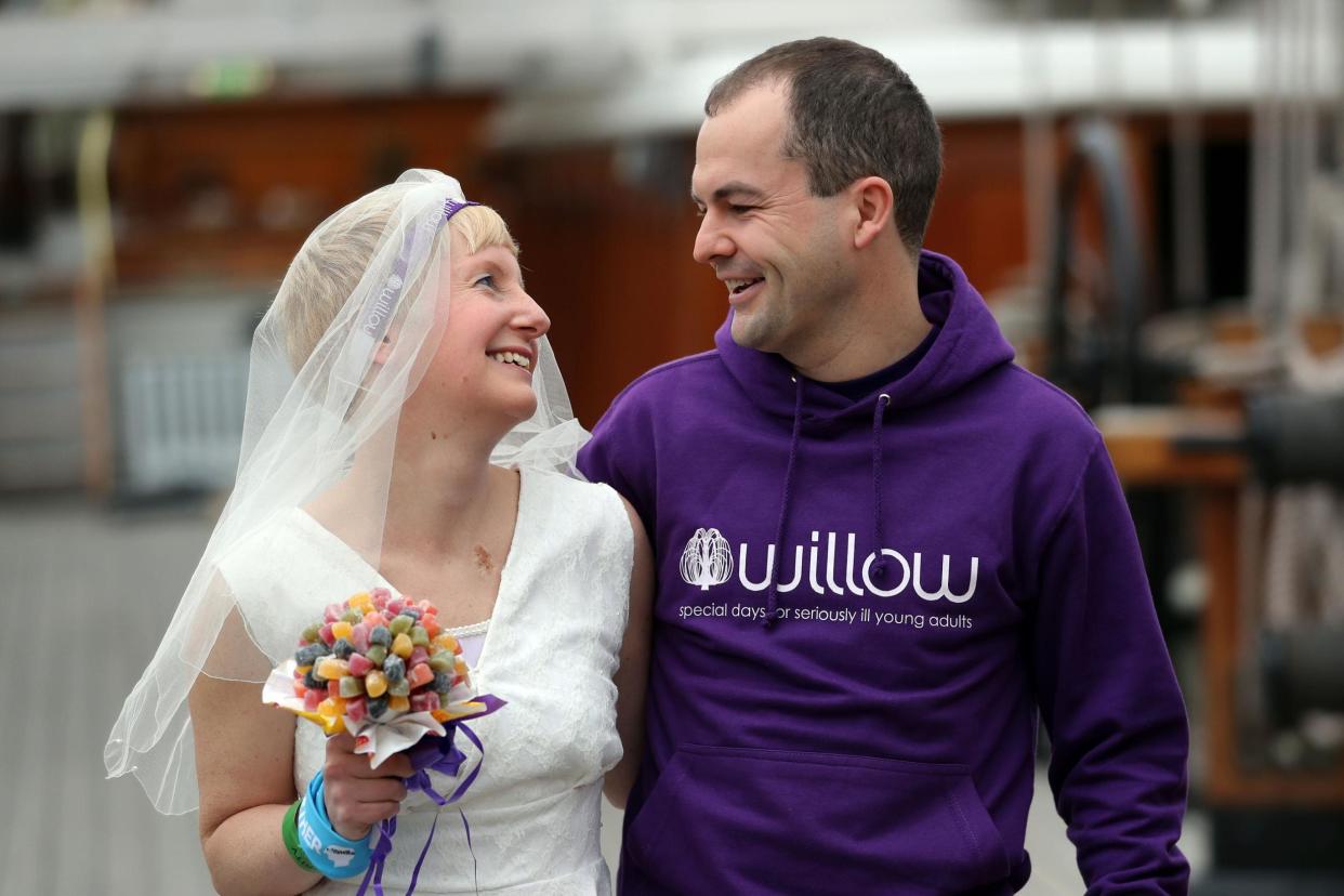 Breast cancer survivor Jackie Scully and her new husband Duncan Sloan on the The Cutty Sark: PA