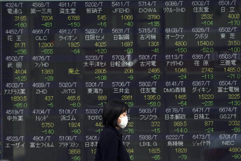 A woman walks past an electronic stock board showing Japan's Nikkei 225 index at a securities firm in Tokyo Tuesday, Feb. 25, 2020. Shares are mostly lower in Asia on Tuesday after Wall Street suffered its worst session in two years, with the Dow Jones Industrial Average slumping more than 1,000 points on fears that a viral outbreak that began in China will weaken the world economy. (AP Photo/Eugene Hoshiko)