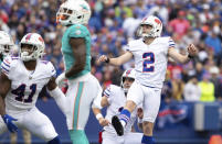 FILE - Buffalo Bills' Tyler Bass (2) watches after kicking a field goal during an NFL football game against the Miami Dolphins Oct. 31, 2021, in Orchard Park, N.Y. Since 1950, he's become the NFL's third player to score 212 or more points through 23 games. And Bass' booming and accurate leg was once again evident in a 26-11 win over Miami. (AP Photo/Matt Durisko, File)