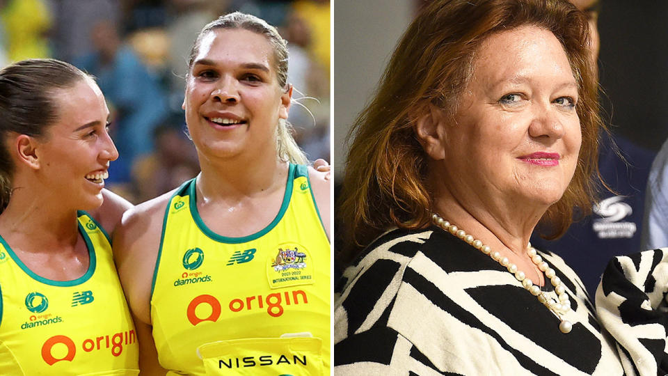 Pictured left is two Diamonds netball players for Australia and Gina Rinehart on the right.